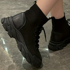 Knitted Ankle Boots Lace Up Combat Boots Elastic Platform Boots