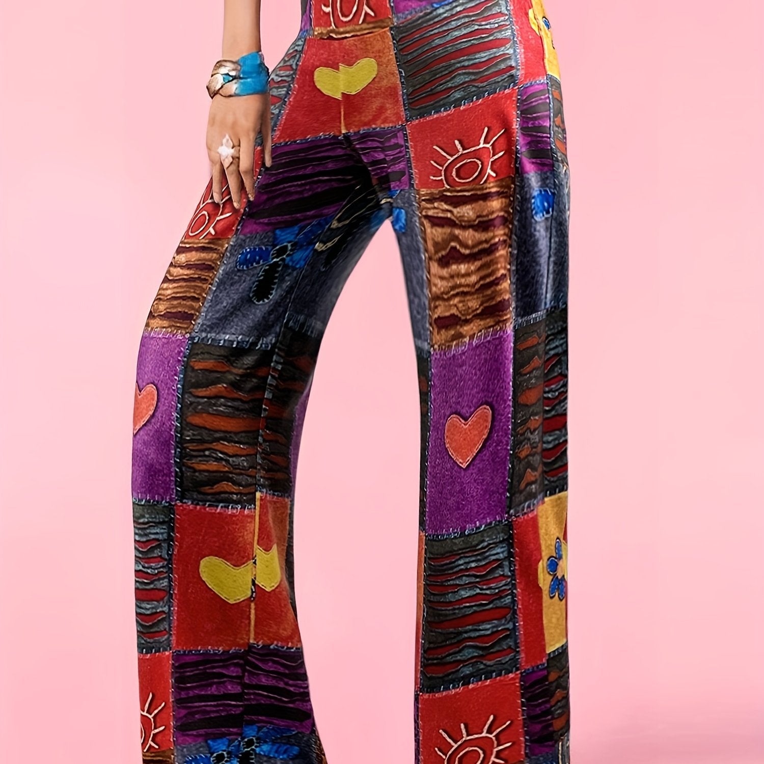 Hippie Patchwork Wide Leg Pants Casual Loose Fit Women's Clothing