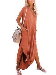 Solid Pocket Short Sleeve Crew Neck Dress Women's Clothing