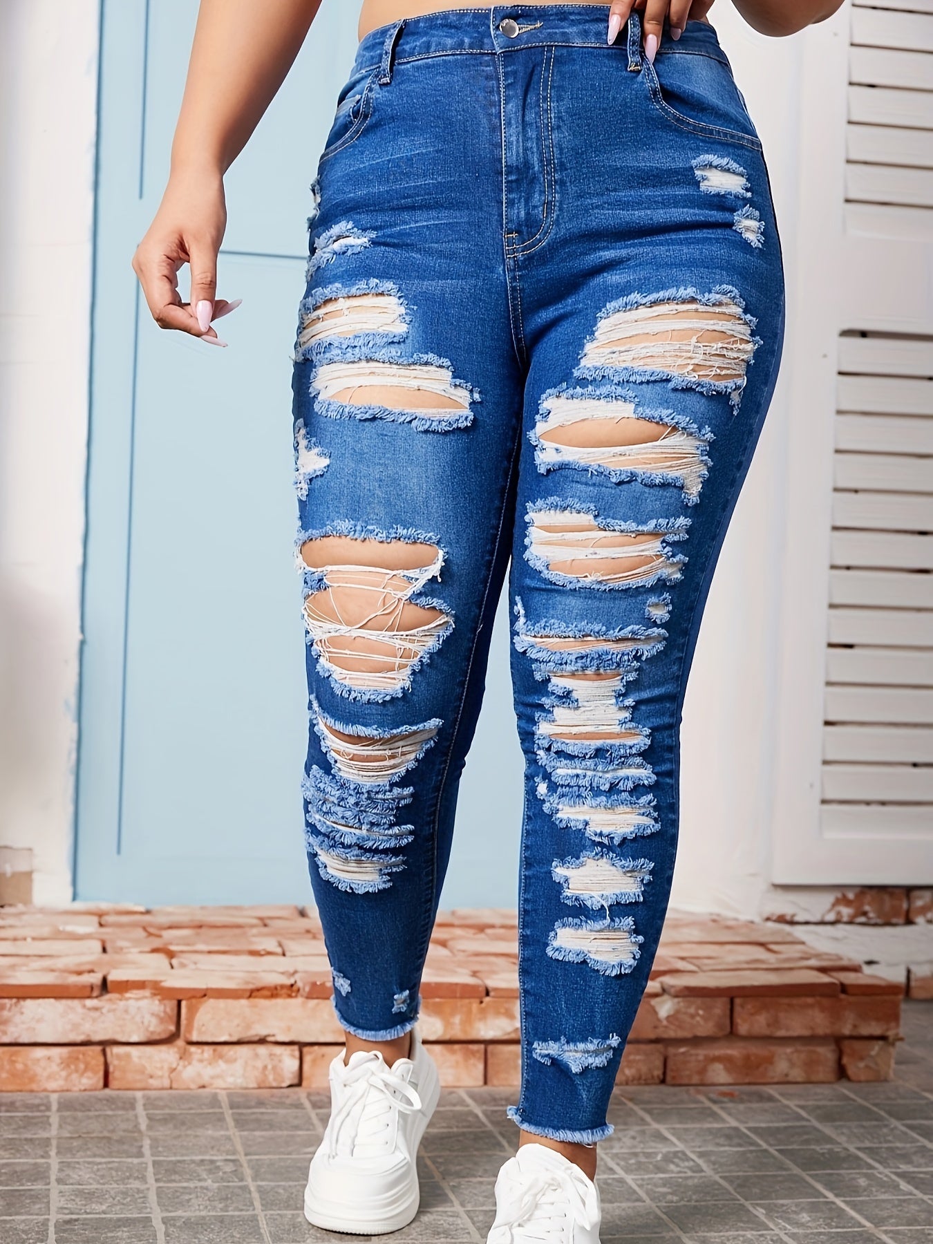 Plus Solid Button Fly Ripped Fringe Trim High Rise Skinny Jeans