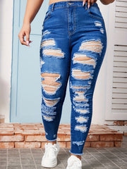 Plus Solid Button Fly Ripped Fringe Trim High Rise Skinny Jeans