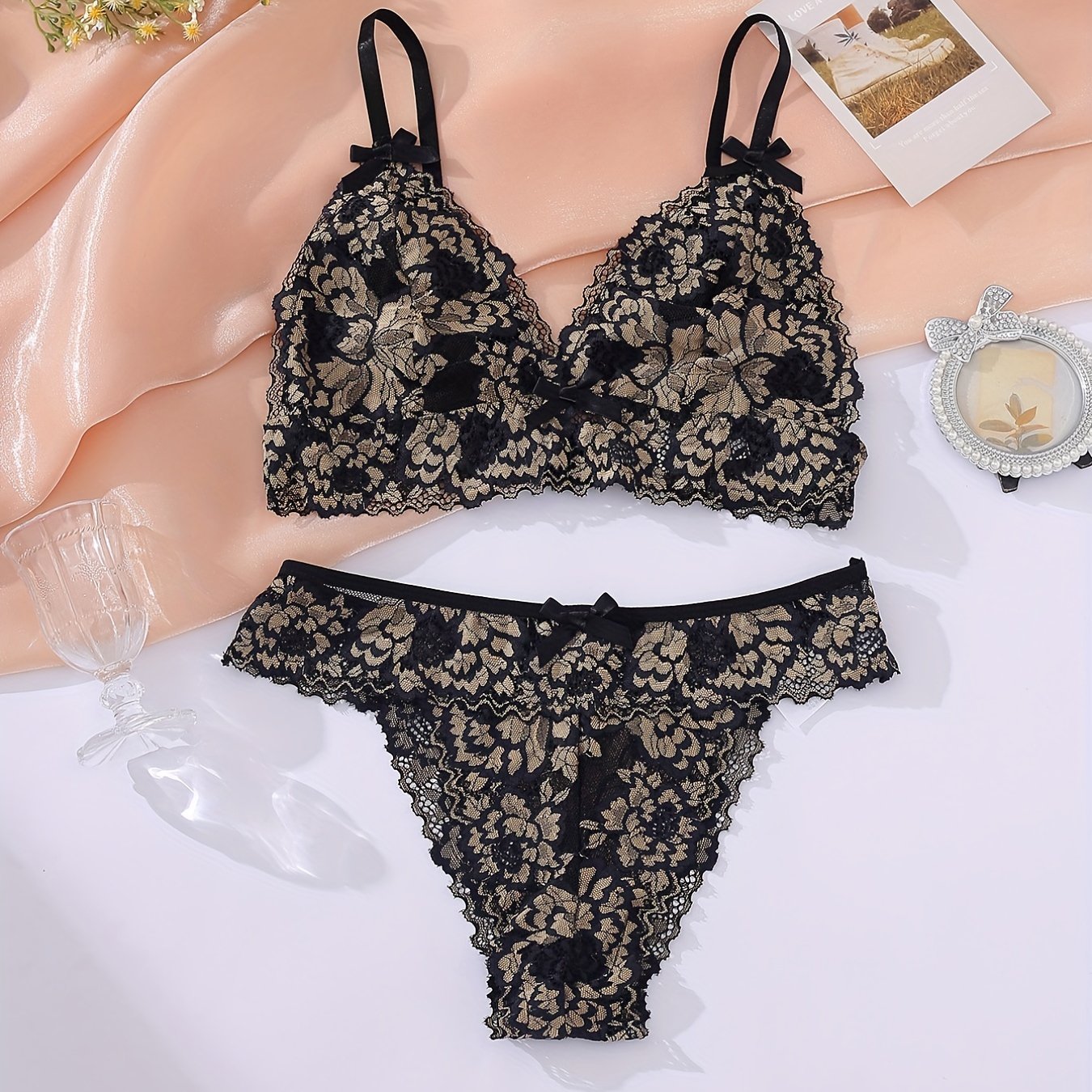 Floral Lace Lingerie Set with Bow Tie Bra & Panties