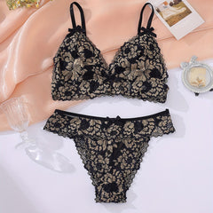 Floral Lace Lingerie Set with Bow Tie Bra & Panties