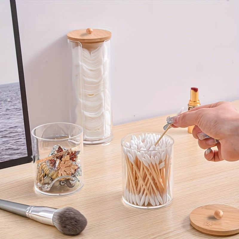 Acrylic Cotton Swab Holder Bamboo Lid Bathroom Makeup Organizers Storage Box