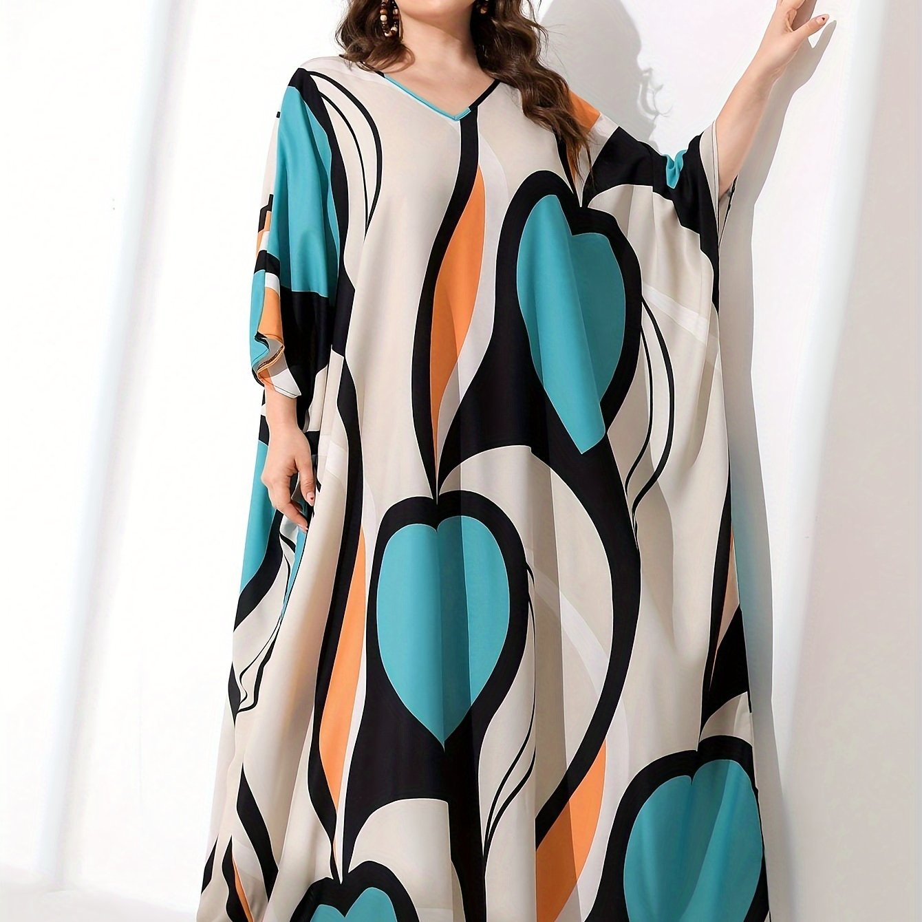 Contrast Colorblock Batwing Sleeve V Neck Maxi Dress