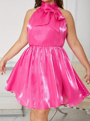 Plus Size Solid Halter Neck Organza Dress with Bow Knot Front