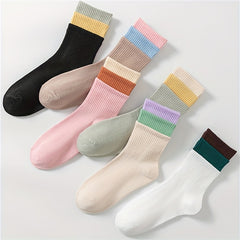 6 Pairs Colorblock Ribbed Mid Tube Socks Women's Stockings