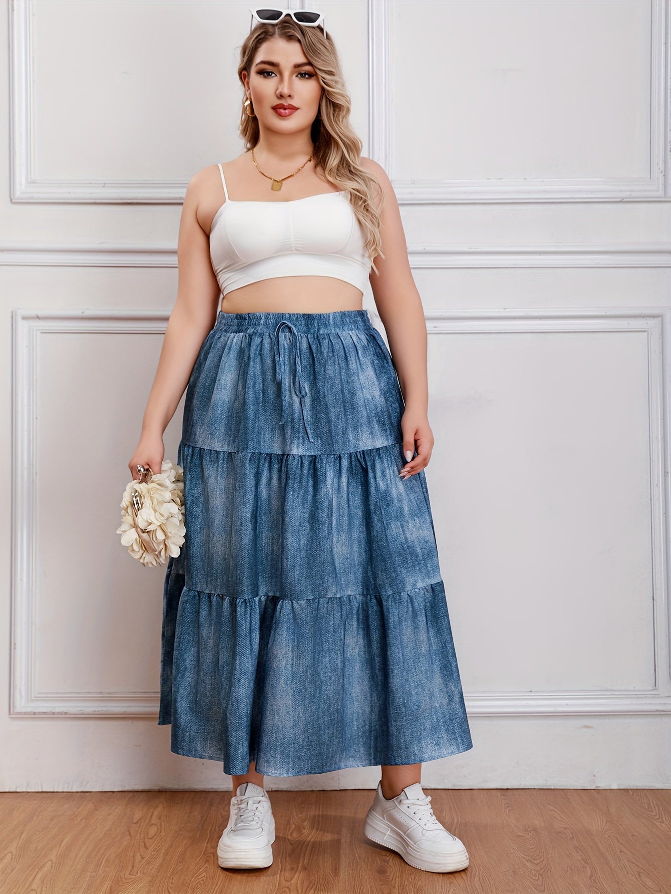 Ombre Denim Print Elastic High Rise Maxi Skirt