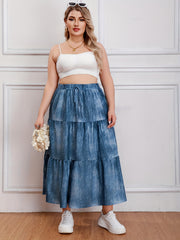 Ombre Denim Print Elastic High Rise Maxi Skirt