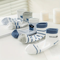 5 Pairs Kids Mesh Breathable Crew Socks Cartoon Crocodile Stripe Design