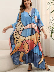 Boho Cover Up Geo Print Split Kaftan Cover Up Dress