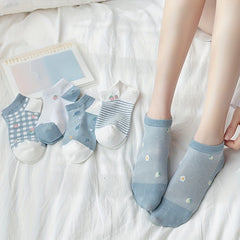 5 Pairs Girls Kids Cartoon Flower Socks Thin Breathable Low Cut Ankle Socks
