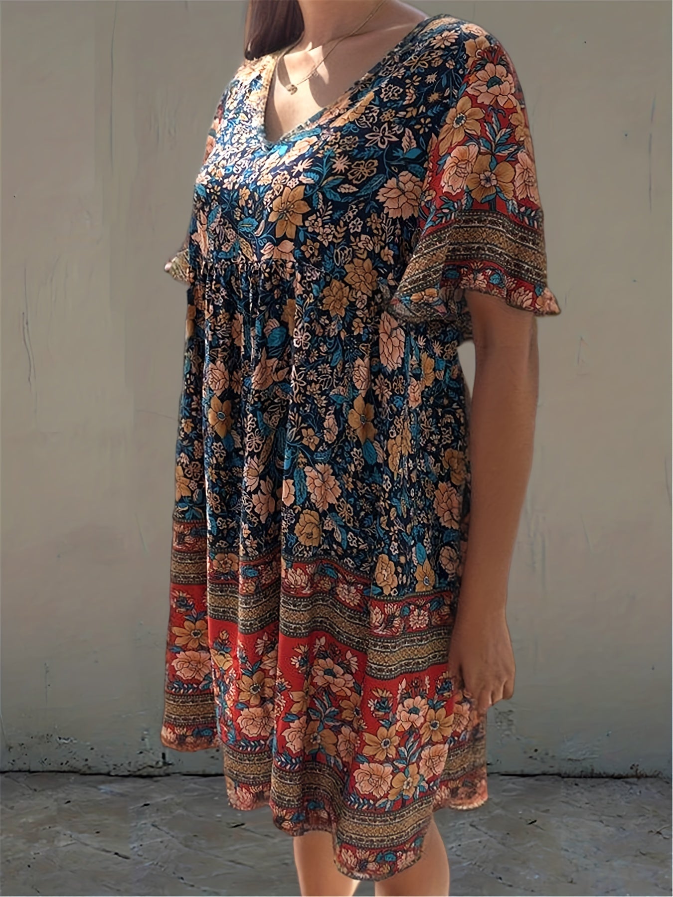 Floral Print V Neck Short Sleeve Dress for Summer