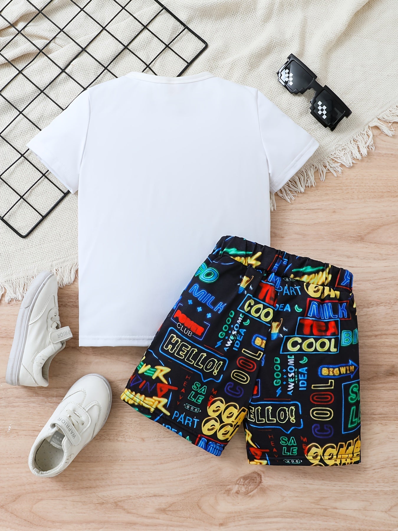 Boys Letter Outfit Shorts & T-shirt Short Sleeves Crew Neck Casual Summer