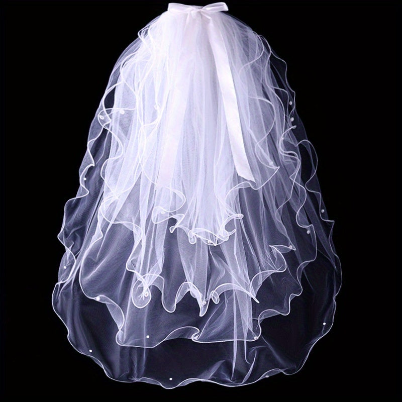 4 Layer Bridal Head Veil with Comb & Faux Pearl Satin Bowknot Hair Piece