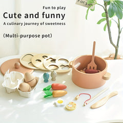 Wooden Play Kitchen Set with Cooking and Dining Utensils