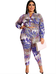 Tropical Print Zipper Front Jacket & Legging Set
