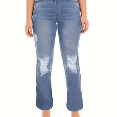 Solid Ripped High Rise Straight Leg Jeans