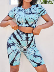 2pcs Tie Dye Sports Suits Short Sleeve Workout Top & High Stretch Shorts