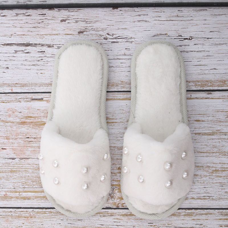 Fuzzy Bedroom Slippers Ladies Shoes with Faux Pearl Decor