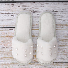 Fuzzy Bedroom Slippers Ladies Shoes with Faux Pearl Decor