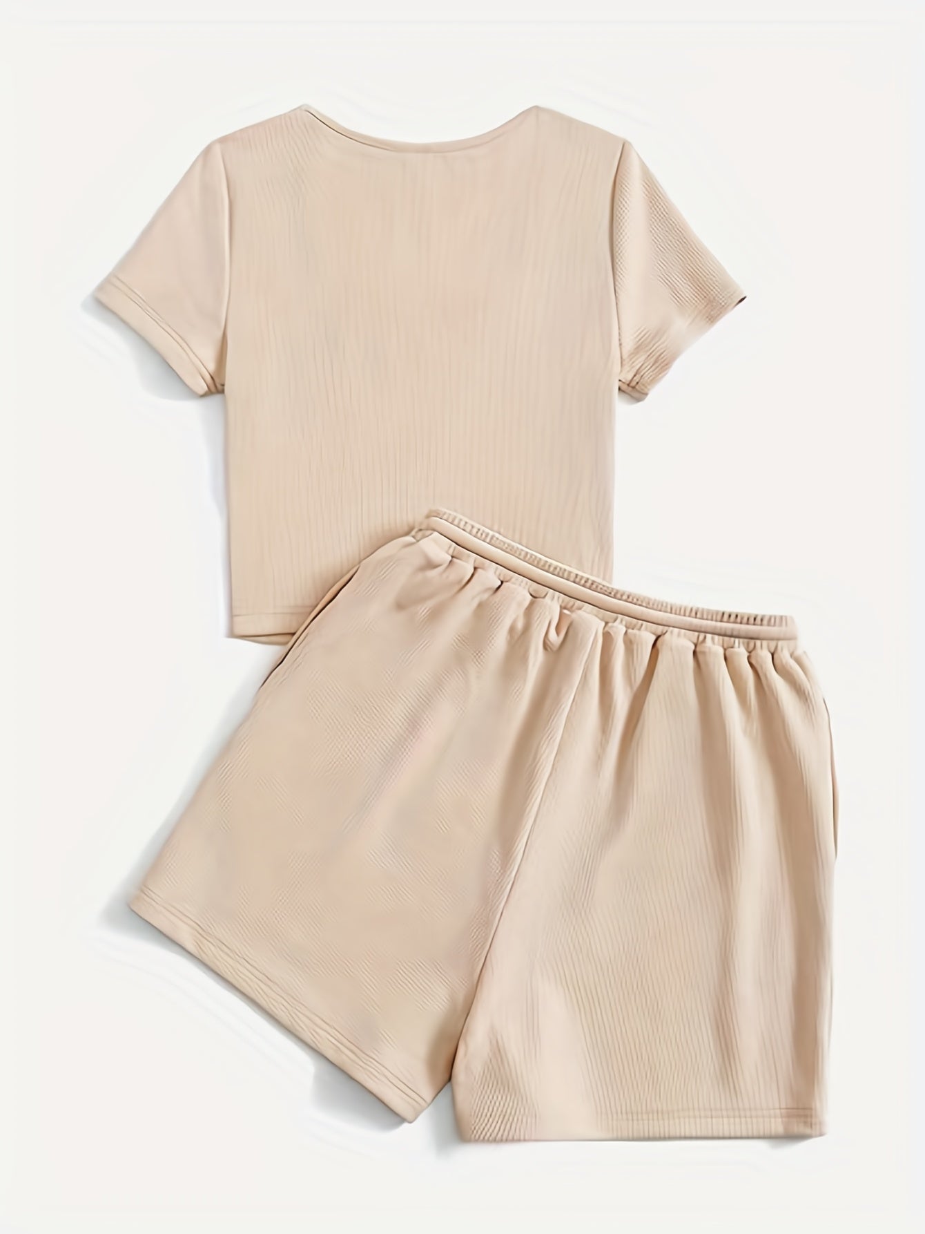 Casual 2 Piece Set Solid Top & Drawstring Shorts