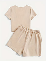Casual 2 Piece Set Solid Top & Drawstring Shorts