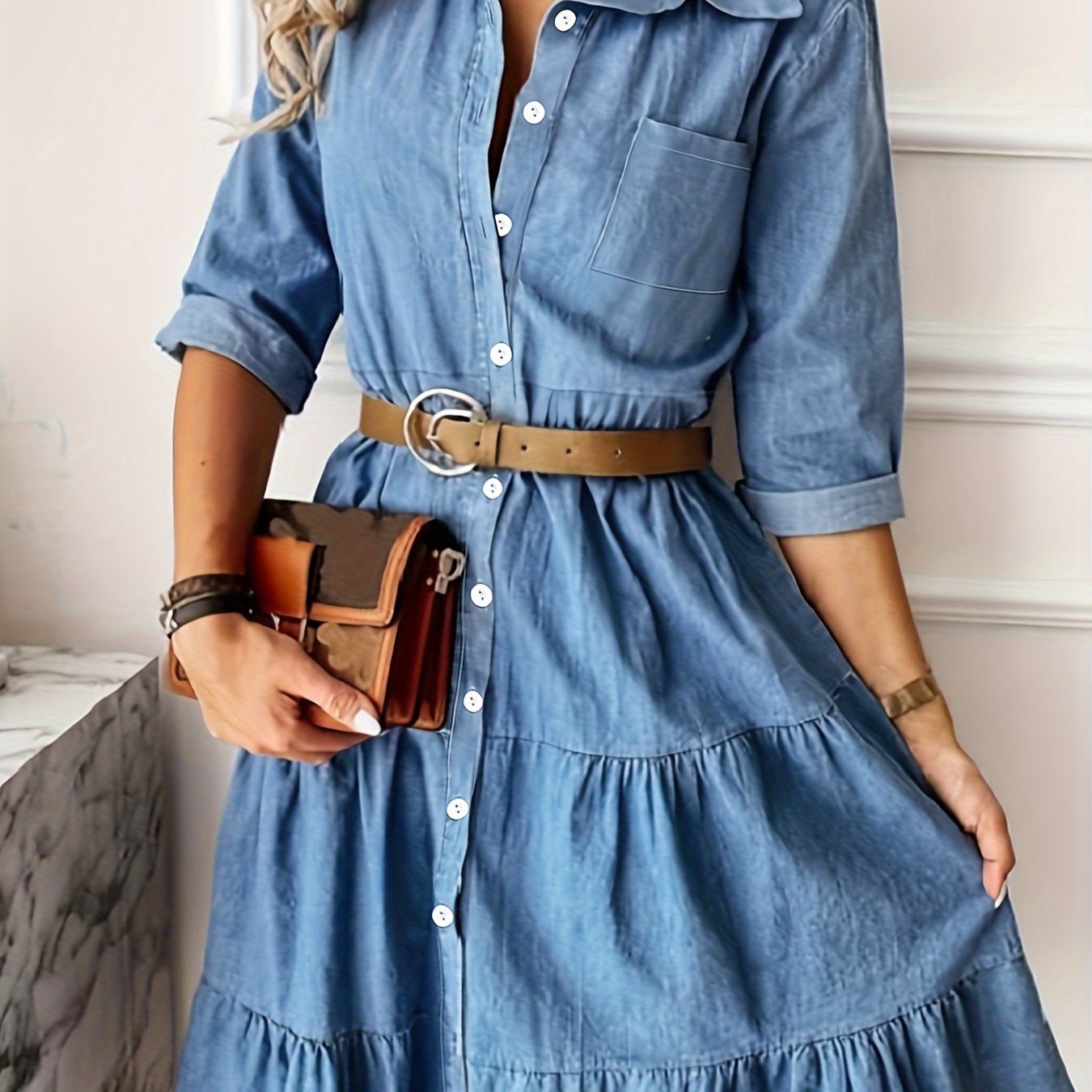 Solid Button Up Long Sleeve Denim Shirt Dress