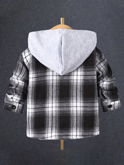 Boys Plaid Hooded Jacket Long Sleeve Button Down Outwear