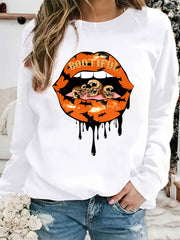 Lip Print Sweatshirt Long Sleeve Crew Neck Casual Pullover
