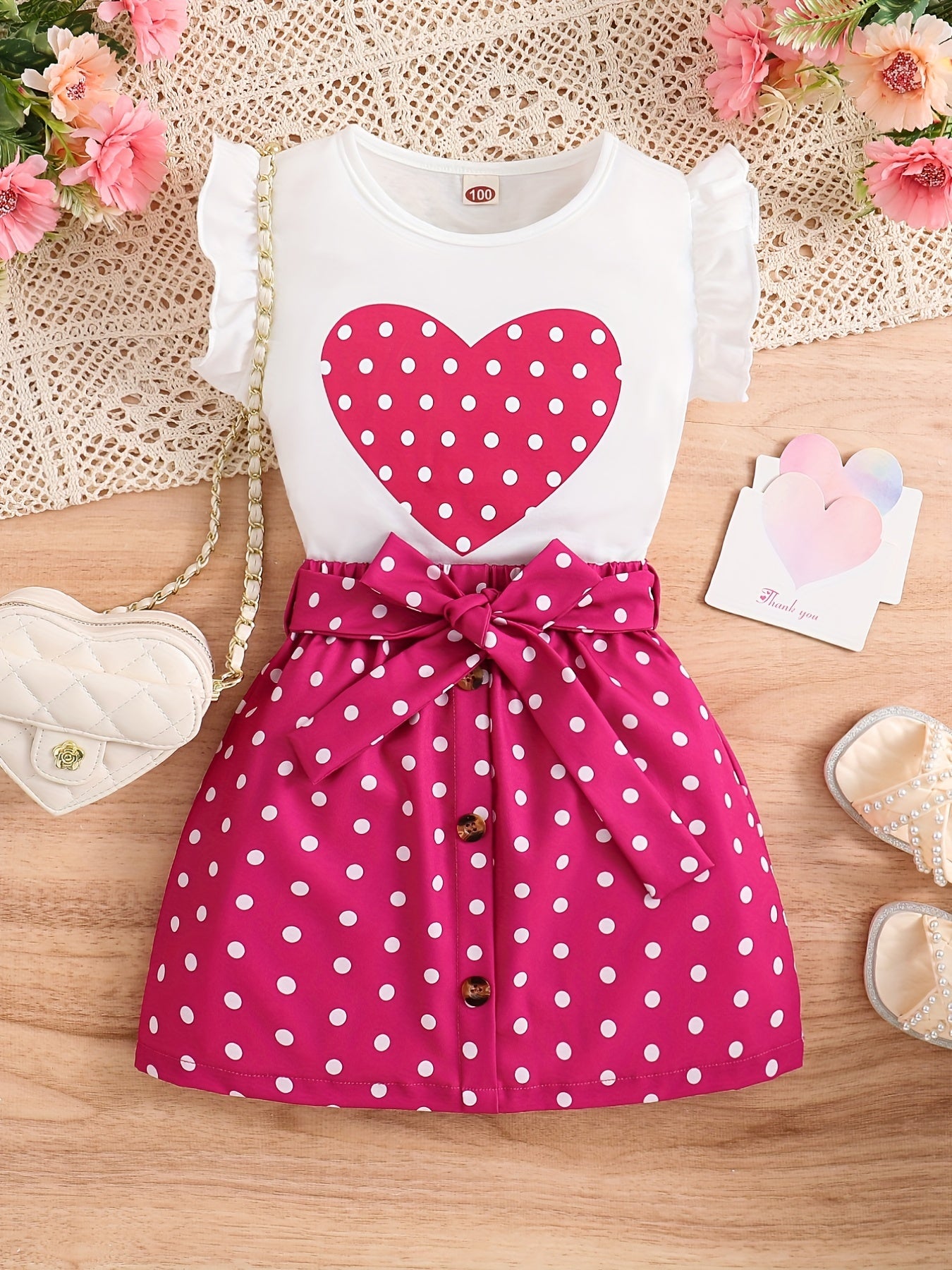 2pcs Toddler Girls Butterfly Sleeves Polka Dot Heart Top & Skirt Set