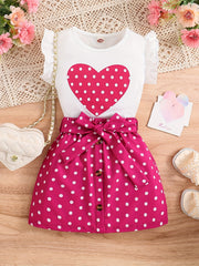 2pcs Toddler Girls Butterfly Sleeves Polka Dot Heart Top & Skirt Set