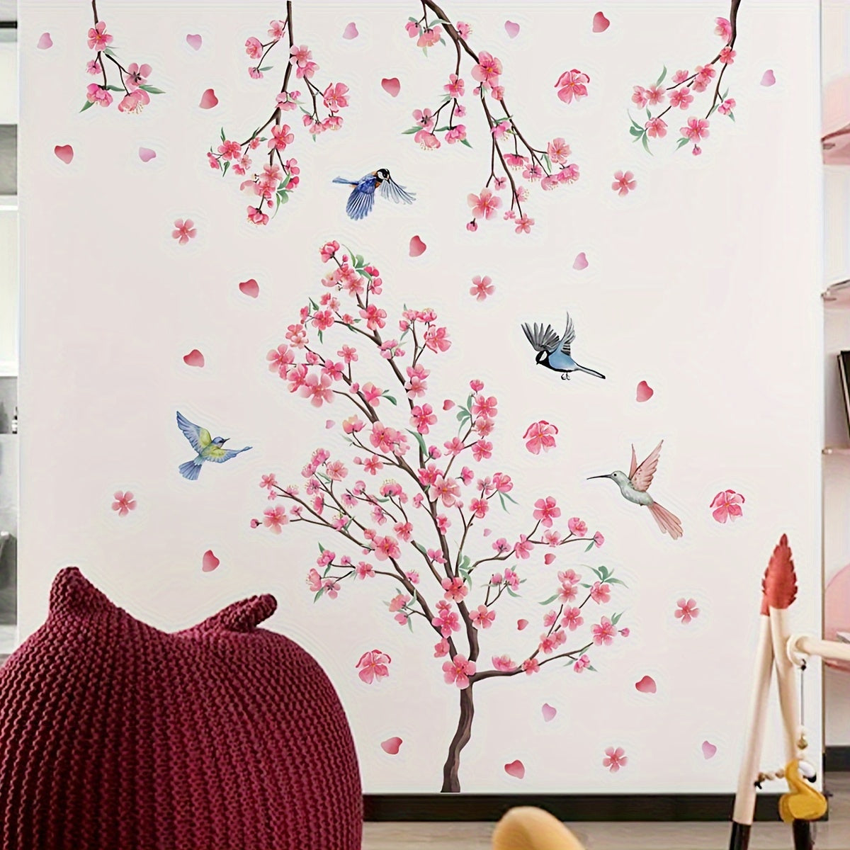 2pcs Peach Blossom Bird Wall Stickers for Living Room Bedroom