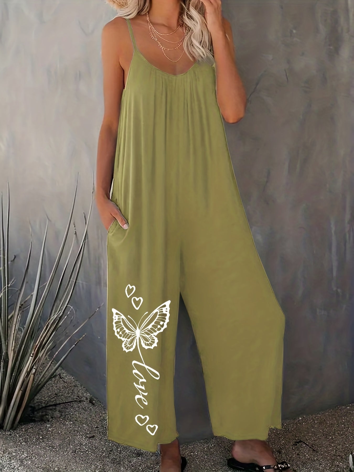 Casual Romper Women's Plus Solid Butterfly & Heart Print Cami Jumpsuit