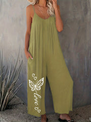Casual Romper Women's Plus Solid Butterfly & Heart Print Cami Jumpsuit