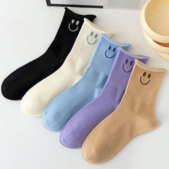 5 Pairs Smiling Face Print Socks Comfy & Breathable Women's Stockings