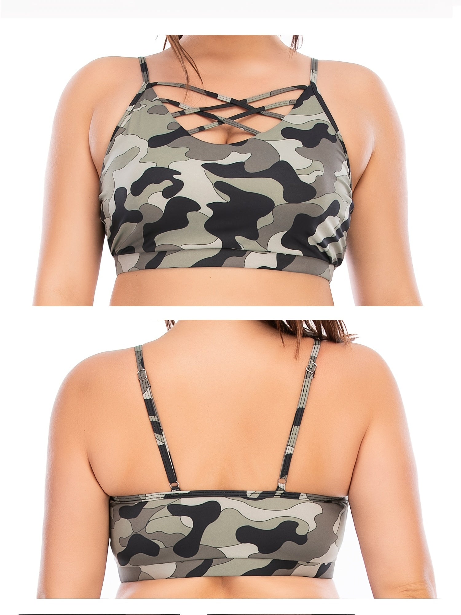 Camo Print Criss Cross Sports Bra Women's Plus Medium Stretch Yoga