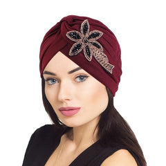 Wine Red Beaded Flower Turban Head Wrap Elastic Chemo Hat