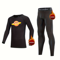 Kids Compression Fleece Sets Cartoon Pattern Pullover Elastic Waist Pants