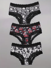 3-Pack Plus Size Gothic Panties Set Women's Skull Print Contrast