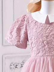 Girl's Princess Tutu Dress With Puff Sleeve Textured Top And Tulle Skirt