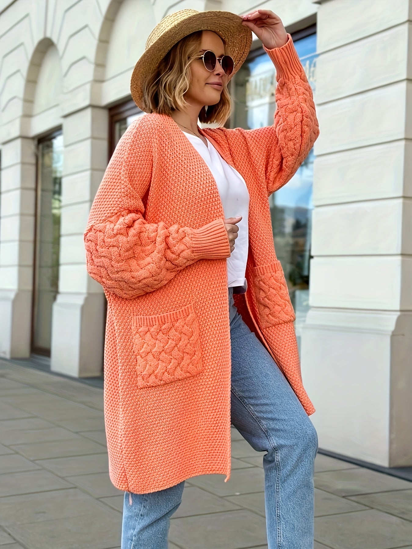 Cable Lantern Sleeve Cardigan with Pockets