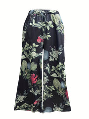 Floral Print Wide Leg Pants Drawstring Waist Casual Comfy All Season