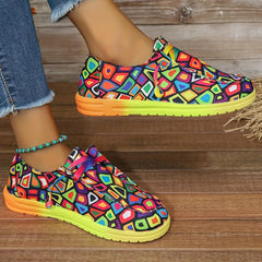 Women's Geometric Pattern Sports Shoes Lace up Low Flat Walking Shoes