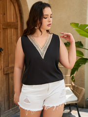 Casual V Neck Tank Top Women's Colorblock Lace Panel