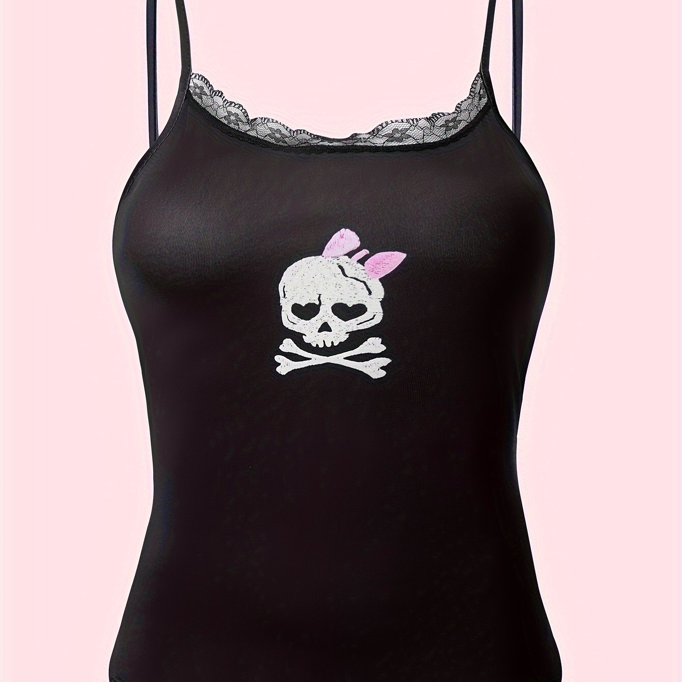 Skull Pattern Cami Top Halloween Lace Crew Neck Lingerie