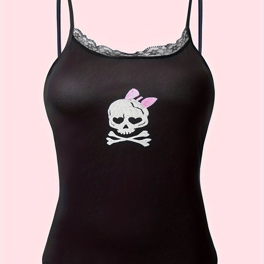 Skull Pattern Cami Top Halloween Lace Crew Neck Lingerie