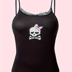 Skull Pattern Cami Top Halloween Lace Crew Neck Lingerie