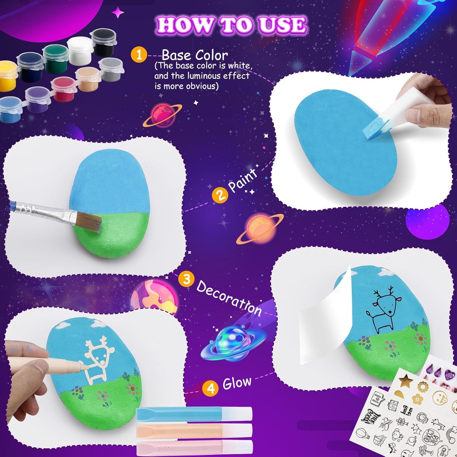 49PCS Glow Rock Painting Kit DIY Arts and Crafts Toys for Kids 6-12