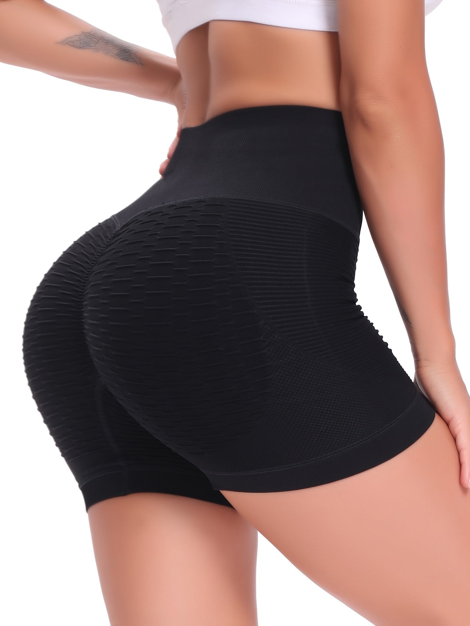 High Waist Honeycomb Solid Sports Shorts Women's Activewear